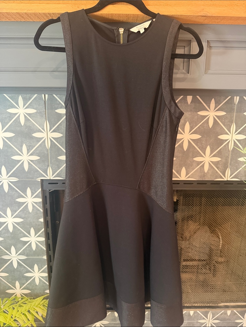 Ted Baker Black Sleeveless Fit-and-Flare Mini Dress with Gold Back Zipper